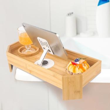 Imagem de Wisreach Bandeja de banheira de hidromassagem de bambu com compartimento para telefone - Mesa lateral antiderrapante e suporte de bebidas para banheiras de hidromassagem e banheiras | Acessório