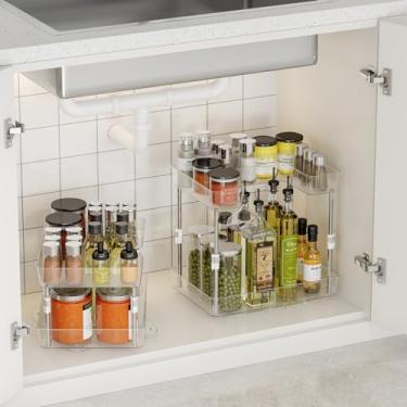 Imagem de Xicennego Rack de armazenamento giratório ajustável – Organizador e armazenamento de banheiro multiuso de 2 camadas – Organizador que economiza espaço para embaixo da pia, cozinha, banheiro