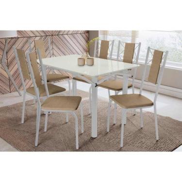 Imagem de Sala de Jantar Completa Elba Tampo Madeirado c/ Vidro 120cm e 6 Cadeiras Lisboa Cromada/Off White - Courano Capuccino - Kappesberg