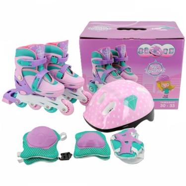 Imagem de Kit Patins Infantil Ajustável 30-33 + Capacete, Joelheiras, Cotoveleiras, Munhequeiras – Inline e Triline – Segurança e Conforto para Crianças