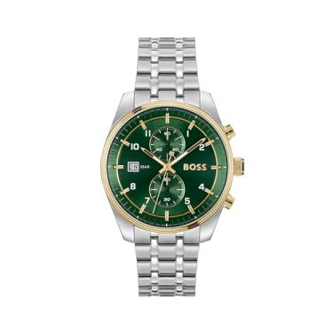 Imagem de BOSS Skytraveller Relógio masculino cronógrafo de quartzo 3H, aço inoxidável, 5 ATM/50 m, resistente à água - relógio moderno e elegante - presente para ele, 44 mm, Prata