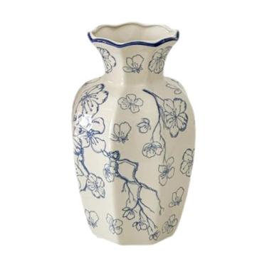 Imagem de Ioensy Vaso de cerâmica chinês para flores, vaso de plantas, decoração para casa, arranjo de flores, de porcelana azul e branca para mesa, quarto, casa, Plumbossom 10cmx24cm
