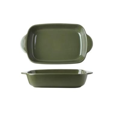 Imagem de Tigela de cozimento Queijo assado arroz assadeira forno utensílios especiais tigela de cerâmica retangular placa de microondas de orelha dupla Assadeira(Green,11inches)