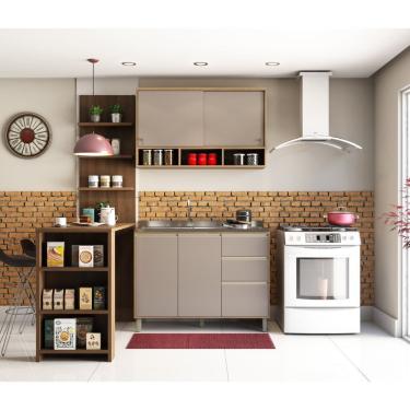 Imagem de Cozinha Completa 4 Peças com Bancada Gourmet Mel 4 Portas 3 Gavetas MDF 150cm Vanilla Graff Nogueira
