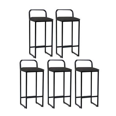 Imagem de Kit 05 Banqueta Alta Luffi Com Encosto Cozinha Bar Balcão Bistrô Ferro Preto Tecido Sintético Cinza