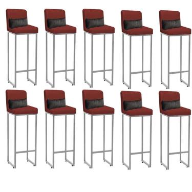 Imagem de Kit 10 Banqueta Alta Com Encosto Balcão Ferro Prata Sintético Vermelho E Almofada Cinza