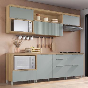 Imagem de Cozinha 6 Peças 5 Portas 5 Gavetas Com Armário Aéreo 100% Mdf Marquesa Nature/verde
