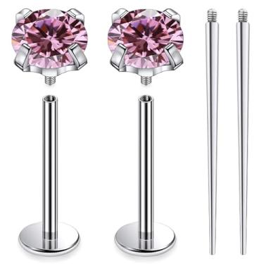 Imagem de Ruifan ASTM F136 titânio bochecha piercing barra jóias internamente rosca plana língua anéis rosa zircônia cúbica sólido titânio labret piercing corporal joias para mulheres homens 16G 16 mm