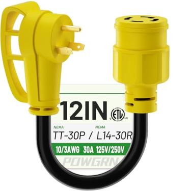 Imagem de POWGRN Cabo Adaptador De 30 A Para Gerador Rv, 1 Pé (12"), Plugue Macho Nema Tt-30, Fêmea L14-30, Alimentação Alta Resistência 3 Pinos, Bitola 10, 125 V/250 V, Preto E Amarelo