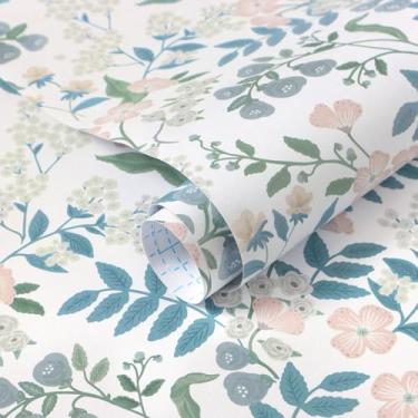 Imagem de Fiula Papel de parede floral de 43,9 cm x 500,4 cm, papel de contato floral azul boêmio, vintage, rosa, papel de parede autoadesivo removível para quarto, armários de banheiro, rolo de vinil à prova