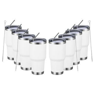 Imagem de MEWAY Copo isolado de 850 g com tampas e canudos, copo de café a vácuo duplo de aço inoxidável, escova, copo de café durável revestido em pó para bebidas frias e quentes, escritório, viagem (branco,