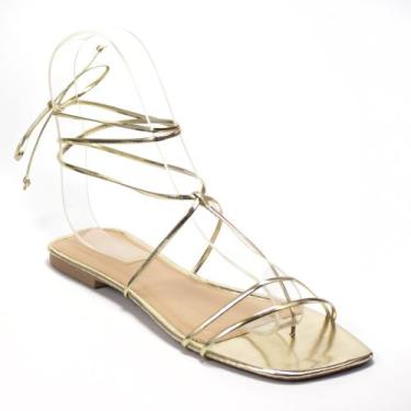Imagem de Sandália Rasteira Gladiadora Metalizada Tiras Finas - zurystore, Ouro 