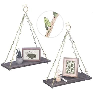 Imagem de Prateleiras para pendurar na parede e na janela para interior – Prateleiras de parede flutuantes para quarto, banheiro, sala de estar – Prateleira de parede macramê – Decoração de parede Boho para casa (corda de folha verde, cor retrô, grande 2)