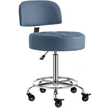 Imagem de CoVibrant Banqueta bloqueável com encosto e apoio para os pés banco ergonômico ajustável hidráulico para médico esteticista casa pequena mesa de escritório (azul, 61 cm a 78 cm)
