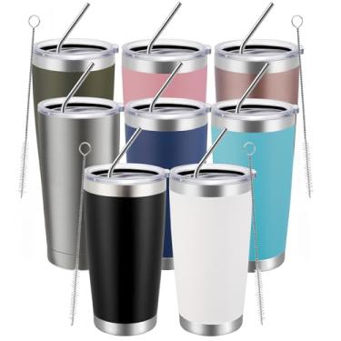 Imagem de MEWAY Copo de 590 ml Pacote com 8 canecas de viagem isoladas a vácuo de parede dupla, copos de aço inoxidável de cor mista com tampa e canudo, copos de café revestidos em pó duráveis para bebidas frias e quentes (mistura de cores, 8