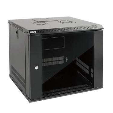 Imagem de Tecmojo Gabinete de servidor de montagem na parede 9U Gabinete de rack de rede IT com trava e painéis laterais preto, ventilador de refrigeração, porta de vidro, profundidade de 45 cm, para
