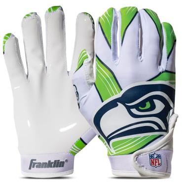 Imagem de Franklin Sports Luvas receptoras de futebol americano NFL Seattle Seahawks – Luvas receptoras para crianças – logotipos da equipe NFL e palma de silicone – Par juvenil P/PP