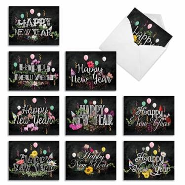 Imagem de Giz de ano novo e rosas: 10 cartões sortidos de ano novo em branco com belos sentimentos de ano novo cercados por flores e balões, com envelopes brancos