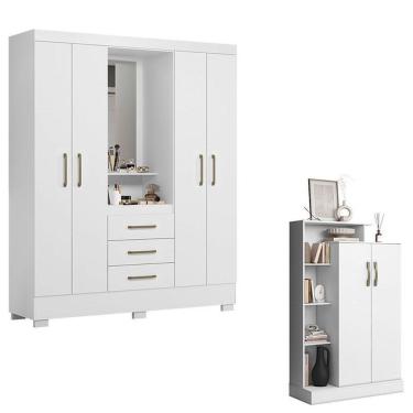 Imagem de Guarda Roupa Solteiro Paris 2045150 E Armário Multiuso Florença 2000199 Branco - Aramóveis