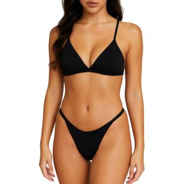 Imagem de Biquíni Feminino Aviador Preto Liso Com Bojo e Calcinha Tira Lateral -