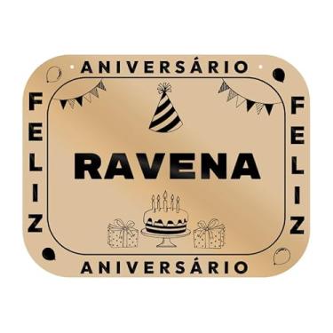 Imagem de Placa Feliz Aniversário Ravena em MDF, 19x14 cm, com 2 Furos para Pendurar