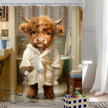 Imagem de Riyidecor Cortina de chuveiro engraçada de vaca Highland 152 cm L x 182 cm Linda casa de fazenda rústica touro roupão de banho secador de cabelo bezerro país ocidental decoração de banheiro tecido