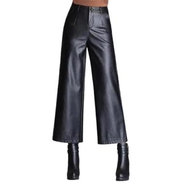 Imagem de Mulheres Cintura Alta Pu Perna Larga Tornozelo Calças Largas Couro Sintético Preto Brilhante, Elastic Pants, XXL