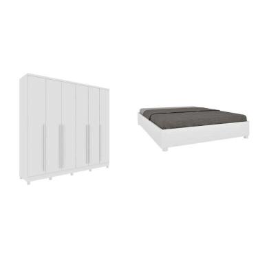 Imagem de CONJUNTO GUARDA ROUPA CASAL 6 PORTAS 8 GAVETAS PUXADOR MDF COM PÉS E CAMA CASAL ESPRESSO MÓVEIS Neve/Neve