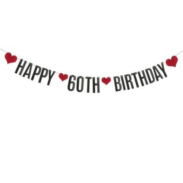 Imagem de HAPPY Banner de aniversário de 60 anos, pré-amarrado, decorações de festa com glitter de papel preto para 60º aniversário suprimentos letras pretas ZHAOFEIHN