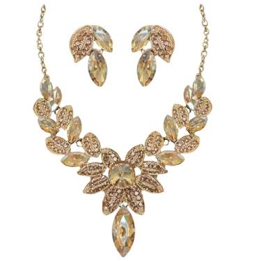 Imagem de MMonesu Conjunto de joias femininas com strass, forma de folha de cristal, gargantilha, colar de lágrima, conjunto de brincos pendentes para festa de formatura de casamento, Large, Zinco, Zircão