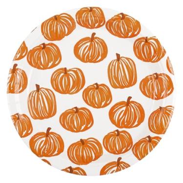 Imagem de Pratos de papel Fall Pumpkins Hello Pumpkin descartável 18 cm prato de sobremesa outono laranja linha branca utensílios de mesa para dia de ação de graças, aniversário, chá de bebê suprimentos de