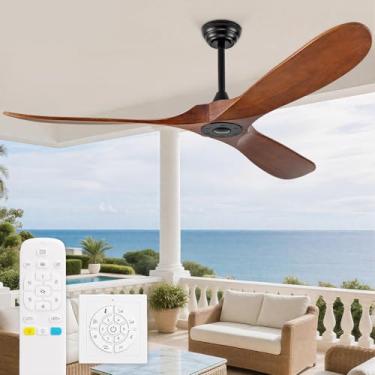Imagem de Ceversa Ventilador de teto externo de 152 cm sem luz, ventilador de teto de madeira maciça sem luzes com controle remoto/interruptor de controle de parede, hélice grande de 3 lâminas de nogueira para