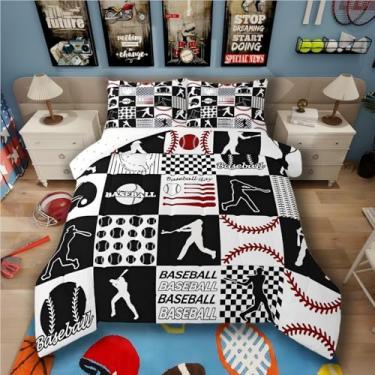 Imagem de Jogo de cama solteiro esportivo com bola de beisebol, patchwork, luva de taco de beisebol, jogador, esporte, europeu, para fãs de softball, preto e vermelho