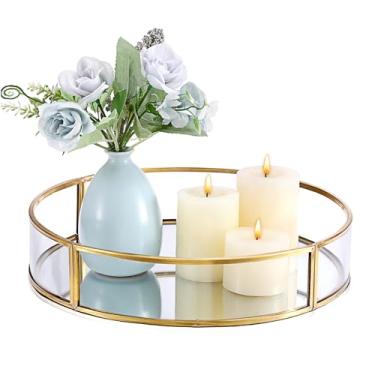 Imagem de OwnMy Bandeja decorativa de vidro com suporte de vela de 25 cm, placa de vela de pilar redondo, bandeja de suporte de vela de vidro de metal dourado para mesa de centro de mesa de centro, casamento
