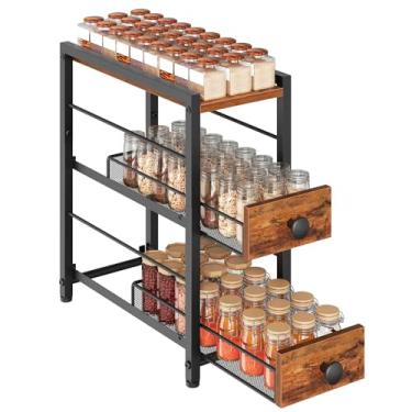 Imagem de YATINEY Porta-temperos, organizador de temperos de 3 camadas para bancada, organizador giratório estreito com 2 gavetas, para cozinha, café, marrom rústico e preto SR02BR