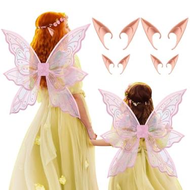 Imagem de Silipull 2 Set Glitter Fairy Wings with Elf Ears Butterfly Wing Mum Daughter Halloween Fairy Costume for Girl Women(Pink)