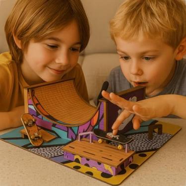 Imagem de Brinquedo Pista de Skate de Dedo Infantil Bmx Manobra Para Crianças Em Mdf Adesvado Com Corrimão e Rampas