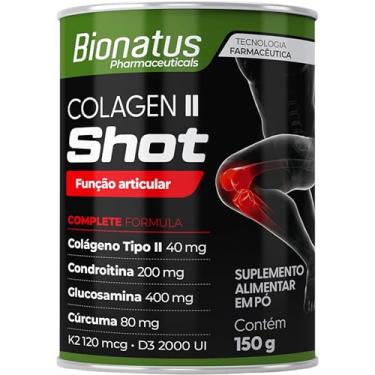 Imagem de Bionatus, Colagen II Shot, Suplemento alimentar, Colágeno Tipo II 40mg, Condroitina 200mg, Glucosamina 400mg, Cúrcuma 80mg, Vitamina K2 120mcg, Vitamina D3 2000UI, 150 gramas, Preto