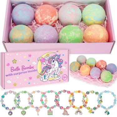 Imagem de Bombas de banho de unicórnio para crianças, meninas, com surpresa dentro, 8 peças, kit de bomba de banho de bolhas de princesa efervescente natural com brinquedos, presente de aniversário para meninas