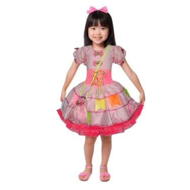 Imagem de Vestido Junino Infantil Luxo Rosa Com Bandeirinhas e Bolsa (G 9-10)