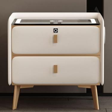 Imagem de Mesa De Cabeceira Inteligente Com Trava De Impressão Digital 2 Gavetas De Alto Brilho Mesa De Cabeceira Organizador De Mesa Lateral Alto-falante Bluetooth 3 Cores Ajustávei, Grey, 40cm