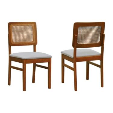 Imagem de Kit 2 Cadeiras Madeira Maciça Lyon Encosto Telinha Amêndoa - Amêndoa - Assento Estofado Linho Bege Mescla Impermeável