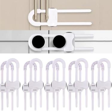 Imagem de WENPENG Fechaduras de armário deslizantes para bebês, travas de segurança ajustáveis em forma de U para puxadores de gavetas, geladeira, armário, armário, armário com botões de trava segura, pacote