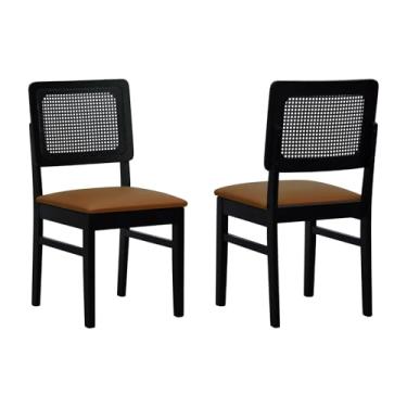 Imagem de Kit 2 Cadeiras Madeira Maciça Lyon Encosto Telinha - Preto - Assento Estofado Corano Caramelo