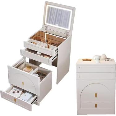 Imagem de Mesa De Vaidade Flip Over 3-em1 Combinação De Penteadeira Integrada Com Espelho E Luzes, Penteadeira De Maquiagem Compacta Moderna Pequena Com Cadeira, Quatro Áreas De Armazenamento, 50cm