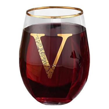 Imagem de Taça de vinho com monograma floral sem haste exclusiva gravada com inicial para tinto ou branco 425 g copo de vinho letra V - presentes para mulheres, homens, presentes de aniversário, Natal,