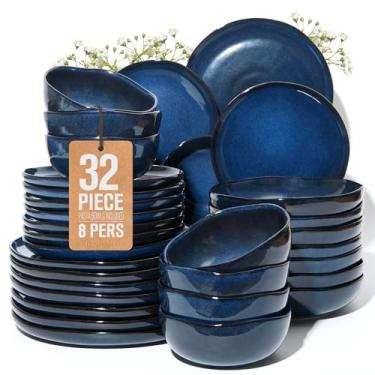 Imagem de Pokini Conjunto de louça azul estrelado de 32 peças com tigelas de macarrão, grés costeiro reativo para 8 | Conjunto completo de servir para refeições de férias, hospedagem de vários pratos e
