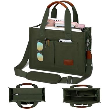 Imagem de KKXIU Bolsa feminina grande de lona com zíper e compartimentos, bolsa carteiro bíblica de trabalho transversal com bolsos, Verde militar, Large