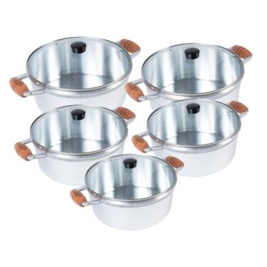 Imagem de Jogo de Panelas 5 Peças Cava Alumínio Fundido Polido Alça de Madeira e Tampas de Vidro