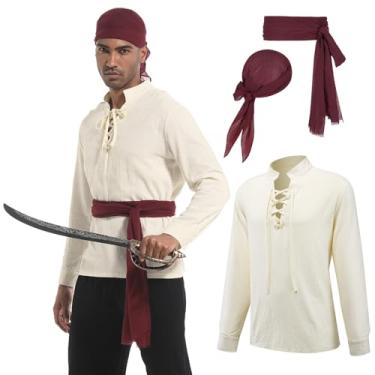 Imagem de Camisas masculinas renascentistas, camisa de pirata medieval, fantasia viking, protetores de braço de couro e acessórios para cinto, Branco + vermelho, G